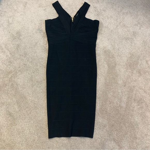 BEBE black halter top bandage bodycon cocktail midi dress Sz L - Picture 8 of 8